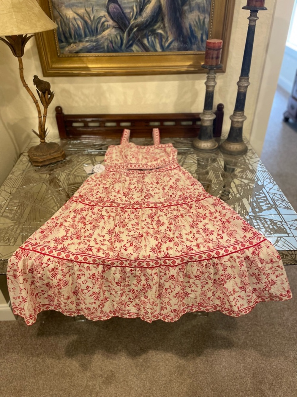 Japna Women's Floral Print Cropped Tank Top - Red & White and Skirt To Match